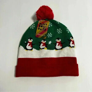 2/$25 BNWT Forever 21 Festive Winter Penguin Design Pom Pom Toque Unisex Red